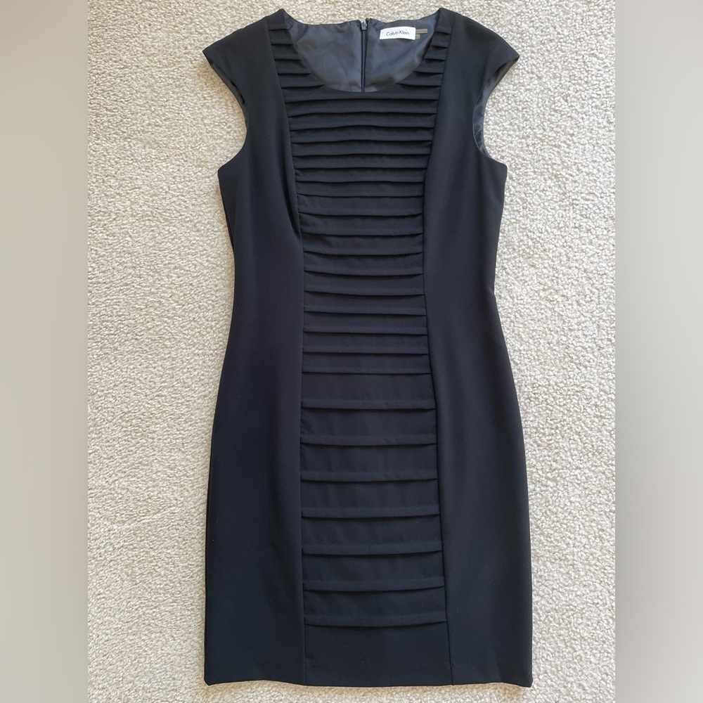 Calvin Klein Sz 6 Sheath Dress Black Midi Career Cap Sleeve Cocktail Lined Zip